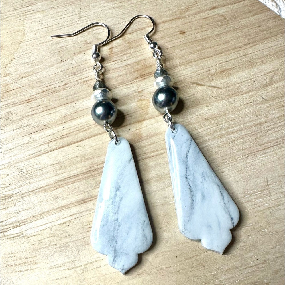 Handmade White Polymer Clay Earrings with Silver Accents